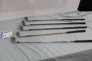 lot 83 image: Lot of (5) Wood Shafted Golf Clubs - Nike Ignite 4 Iron (non wood shaft), Long Burke 9 Putter, All American Model A, Patty Berge Wilson Sand Iron, Long Burke 7 Mashie Niblic