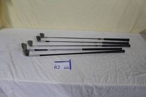 lot 82 image: Lot of (5) Golf Clubs - Wilson Hilander Sand Iron, Spalding Executive 3 Iron, Ping 9 Iron, MacGregor Chipper, Wilson Mashie Niblic