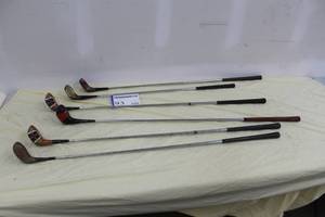 lot 93 image: Lot of (5) Fancy Face Golf Woods - Wilson S, Kroyden 3, Spalding 3, Kroyden 4, 5, Wilson 1