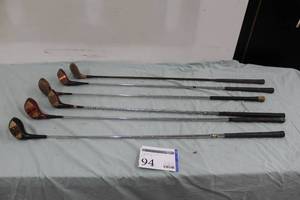 lot 94 image: Lot of (6) Fancy Face Golf Woods - Wilson B, Wilson 4300 1 Driver, Dave Felz Featherlite 3, Spoon 3, Spoon 4, Spalding 5