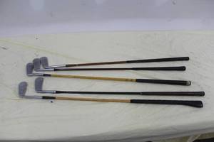 lot 100 image: Lot of (5) Wood Shafted Golf Putters - Walter Hagen Cavalier, H&B Louisville 24 Ladies, Wright & Ditson Autograph, Burke 10, Dunbarton