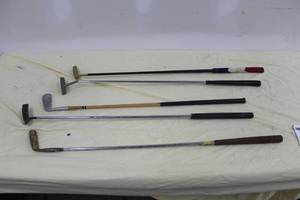 lot 106 image: Lot of (5) Golf Putters - RACO 118, Spalding, Hillerich & Bradsbury Grand Slam 10 Wood Shafted, Mr. Director Ball Balance Head, Matzie Velvet-Touch Old Gold