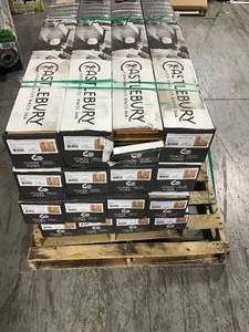 lot 31 image: Pallets with 16 CASES OF BLUE RIDGE HARDWARE FLOORING Castlebury Natural Eurosawn Oak 38 in. T x 6 in. W x Random Length Click Eng Hardwood Flooring SEE PICS