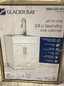 lot 33 image: GLACIER BAY All-in-One 24.125 in. x 21.375 in. x 35 in. Stainless Steel Laundry Sink with Faucet and Storage Cabinet SEE PICS