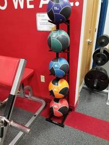 lot 36 image: Lot of (5) Power Systems Medicine Balls with Medicine Ball Rack