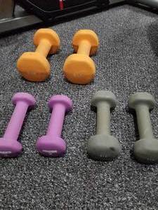 lot 96 image: Lot of (6) Neoprene Hex Dumbbell 8lb. (x2), Neoprene Hex Dumbbell 3lb. (x2), Neoprene Hex Dumbbell 2lb. (x2)