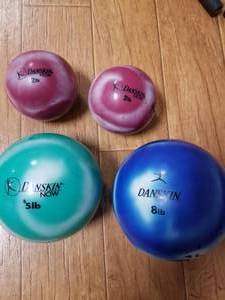 lot 116 image: Lot of (7) Danskin Exercise Balls (2-2lb., 1-5lb., 1-8lb.), Perfect Ab-Carver, Push-Up Bars - Paralettes (x2)