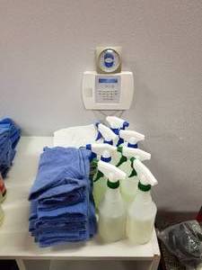 lot 125 image: Lot of (7) Plastic Cleaning Spray Bottles, Several Piles of Hand Towels