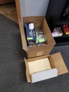 lot 132 image: Corkboard, Pushpins, Disposable Forks, #10 Envelopes, Brochure Holders, Bic Wite-Out, Quill Invisible Tape, Manila Standard File Folders, Metal Rulers, Sharpies, and more