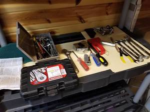lot 137 image: Socket Sets (x2), Crescent Wrench, Screwdrivers, Tape Measure, Stapler, Combination Wrenches (5), Wire Cutters, and more