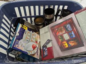 lot 91 image: Laundry Basket w Photo Album, To-Go Mugs and 6-Pc Mixing Bowl Set