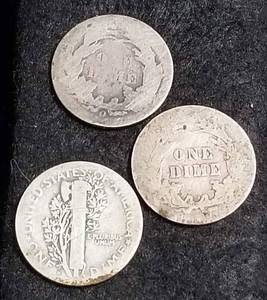 3 US SILVER DIMES 1891-O SEATED 1904 BARBER 1918-D MERCURY