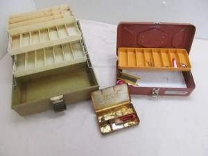 Metal tackle box, 3 tray fishing tackle box, variety of tackle