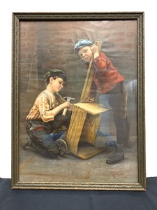 lot 59 image: Fantastic Antique Karl Witkowski Framed Lithograph - Street Children Fixing Wagon