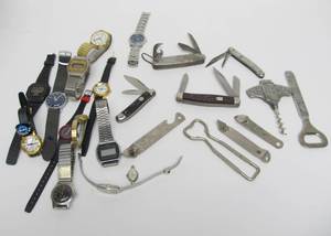 lot 115 image: Estate Lot of Assorted Watches Pocket Knives Bottle Openers etc