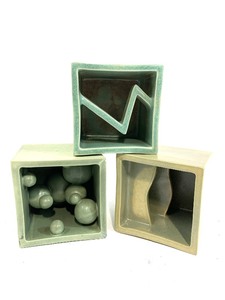 lot 202 image: Set of 3 Artist Made Signed Green Art Pottery Boxes Planters 