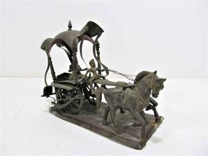 lot 34 image: Antique Oriental Metal Horse Drawn Carriage Sculpture 