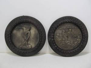 lot 29 image: Nice Antique Signed Pair of Round Relief Wall Plaques