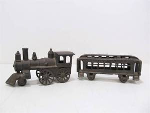 lot 42 image: Antique Cast Iron Toy Train Engine & Car