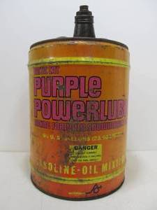 lot 128 image: Vintage 5 Gallon ARCTIC CAT Purple Power Snowmobile Racing Oil Can