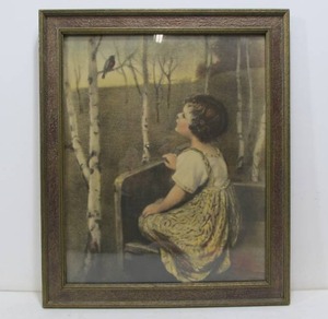 lot 165 image: Nice Vintage Framed Spring Song 1920s-30s Print - Girl w Bird