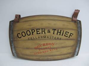 lot 226 image: Double Sided Cooper & Thief Wine Barrel Advertising Sign