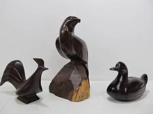lot 308 image: 3 Hand Carved Harwood etc Birds inc. Eagle