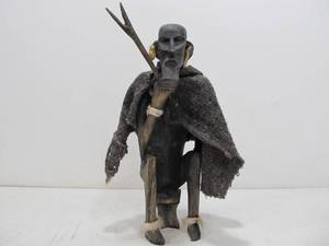 lot 311 image: Vintage Hand Carved Wood African Tribal Man w Stick Figurine