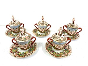lot 252 image: Lot of 5 Old Vintage Italian Capodimonte 2-Handled Lidded Cups wSaucers