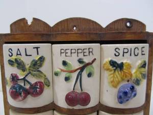lot 347 image: Vintage 1950s Era Ceramic Spice Canisters Set wWood Rack