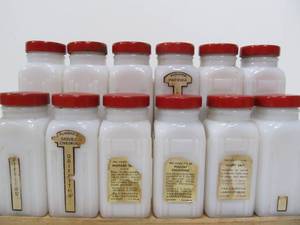 lot 354 image: Complete Vintage Deco Milk Glass Spice Set wStand