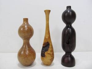 lot 303 image: Group of 3 Artisan Made Signed Turned Wood Bud Vases