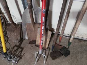 lot 31 image: Rakes Shovels Hoes Pitch Fork