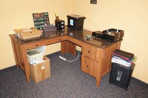 lot 80 image: Wood Corner Desk and Contents
