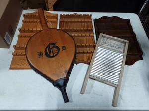 lot 56 image: Bellows, Washboard, Souvenir Spoon & Thimble Racks