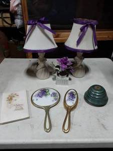 lot 58 image: Pair Of Dresser Lamps, Hair Brush, Hand Mirror, Musical Powder Box, Poetry Book