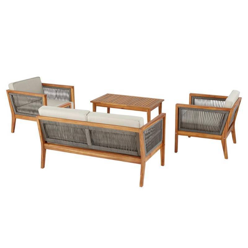 lot 118 image: Hampton Bay Willow Glen Farmhouse 4-Piece Wood Patio Conversation Set with Teak Finish and Beige Cushions 81884