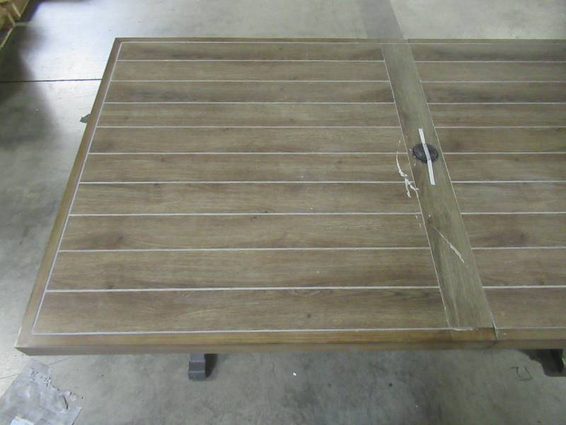 lot 120 image: Hampton Bay Mix and Match 72 in. Rectangular Metal Outdoor Dining Table with Farmhouse Trestle Base and Tile Tabletop 3038-DT7