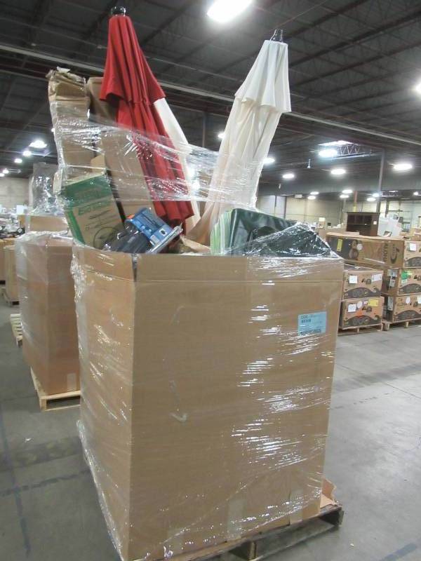 lot 207 image: WHOLESALE MIXED PALLET OF MISCELLANEOUS UMBRELLAS, CUSHIONS,AND MORE