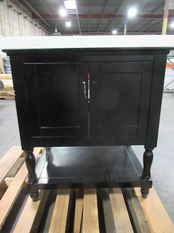 lot 213 image: Virtu USA Julianna 32 x 22 x 34 12 Tall Bath Vanity in Espresso with Marble Vanity Top in White with Square Basin and Mirror - SCRATCHED