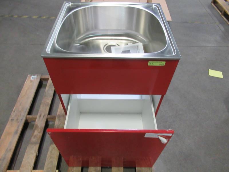 lot 216 image: Presenza 24.2 in. x 21.3 in. x 33.8 in. Stainless Steel Utility Sink and Large Empire Red Drawer Cabinet. QL042 - Drawer slide needs to be reattached.