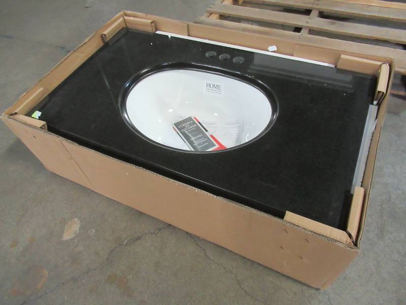 lot 217 image: Pegasus 37 in. x 22 in. Granite Vanity Top in Midnight Black with White Bowl and 4 in. Faucet Spread 17888