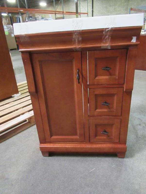 lot 221 image: Foremost Naples 24 in. W Bath Vanity Cabinet in Warm Cinnamon with Right Hand Drawers and Top in White, NACA2418D - Internal Doorstop Cracked Slightly.