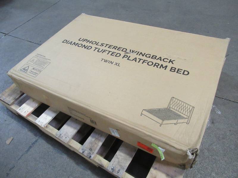 lot 232 image: Brookside Bella Stone Twin XL Wingback Upholstered Platform Bed, BSTXST03UB
