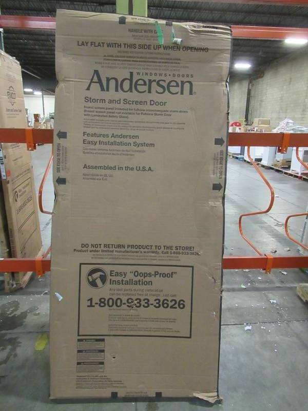 lot 602 image: Andersen 36 in. x 80 in. 3000 Series White Left-Hand Fullview Etched Glass Easy Install Aluminum Storm Door - Missing Hardware, 3VGNEZL36WH