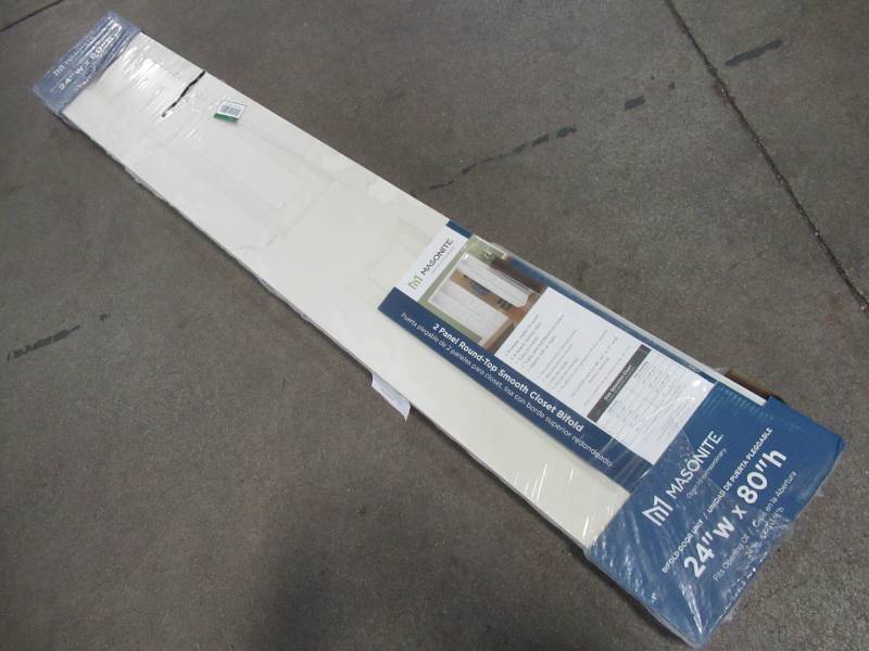 lot 604 image: Masonite 24 in. x 80 in. Roman 2-Panel Round Top Primed Whited Hollow-Core Smooth Composite Bi-fold Door, 11048