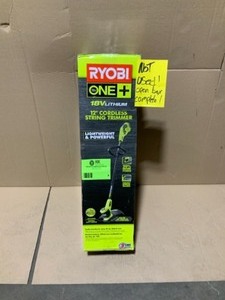 lot 5 image: RYOBI ONE 18-Volt Lithium-Ion Electric Cordless String Trimmer 2.0 Ah Battery and Charger Included NOT USED SEE PICS