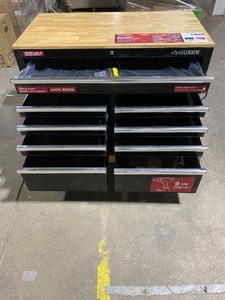 lot 86 image: HUSKY 46 in. W 9-Drawer, Deep Tool Chest Mobile Workbench in Gloss Black with Hardwood Top SEE DESCRIPTION PHOTOS