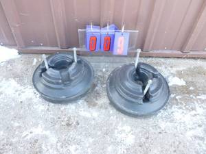 lot 9 image: 1 pair garden tractor wheel weights. Good used condition. As shown.