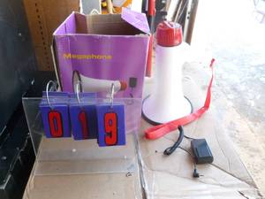 lot 19 image: Hand held mega phone. Appears new. Untested. As shown.